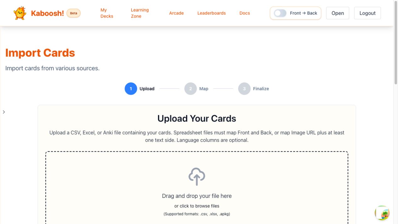 Kaboosh Import Cards screen showing the upload, mapping, and finalization steps for CSV, Excel, and Anki files.