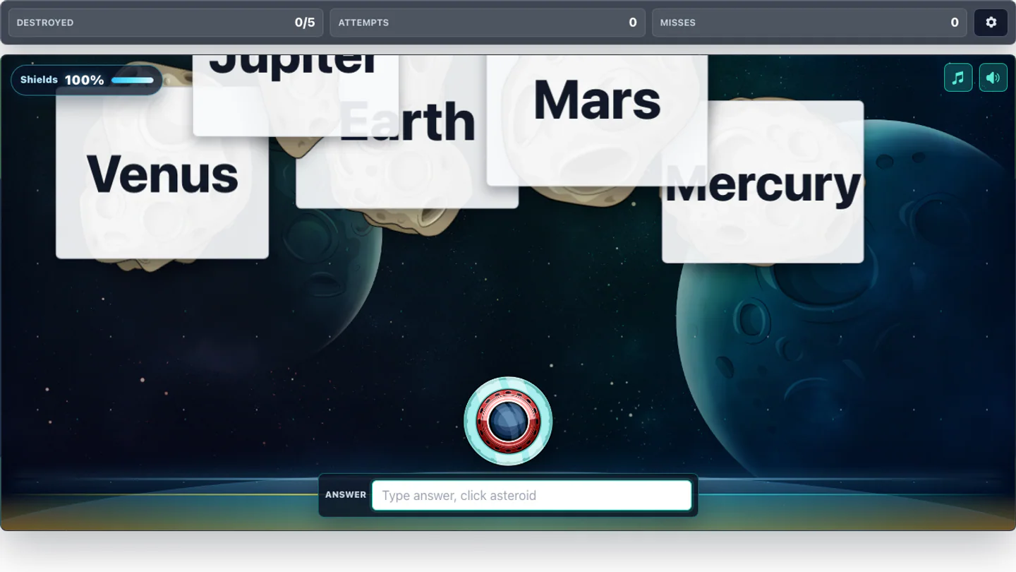 Asteroid Type gameplay with labeled asteroids, shields, and an answer field.